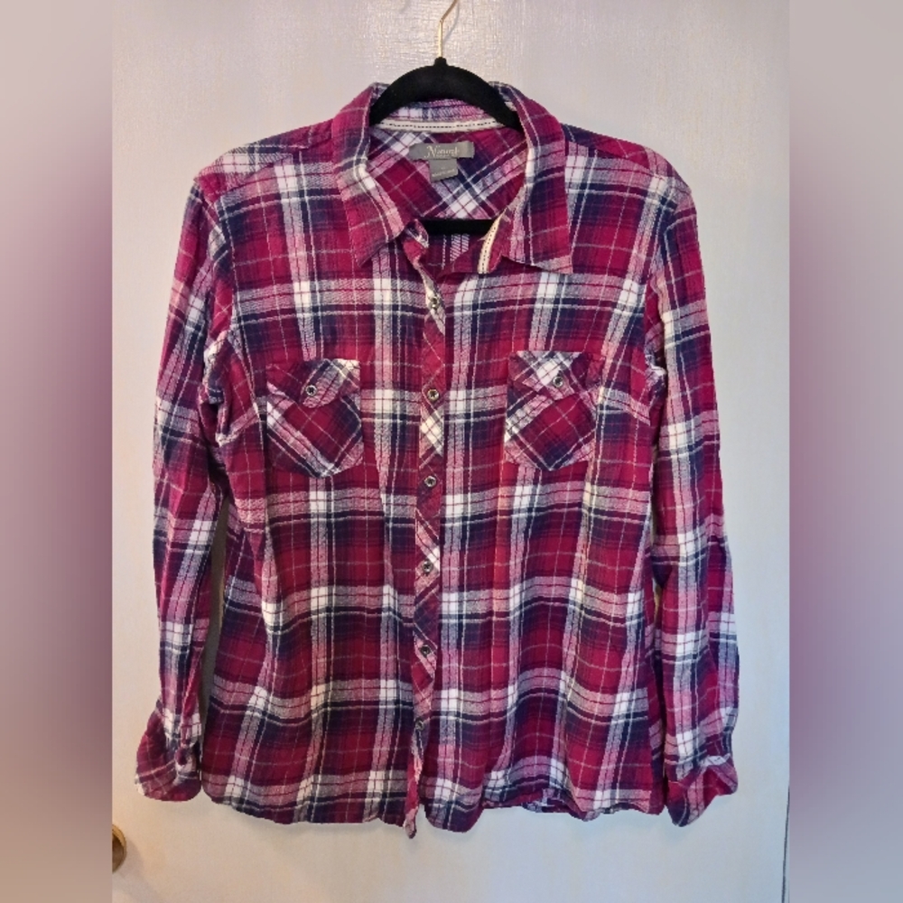 Natural Reflections Womens XL Cotton Flannel Maroon Plaid Layering Cabincore